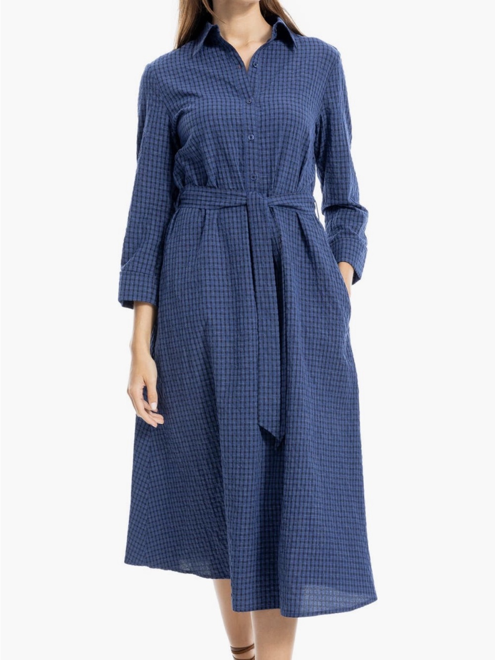 Max Studio Navy Textured Belted Midi Shirt Dress